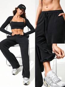 GLOWMODE Everyday Terry Two-Way Wear Adjustable Drawstring Waist Leg Cord Wide Leg Jogger Sweatpants With Side Pockets Daily Casual Wear