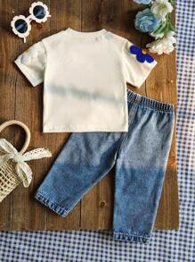 SHEIN Vintaside Kids 2pcs Baby Girls Set: Solid Color White Crew Neck Short Sleeve Top With Applique & Light Blue Ripped Denim Long Pants, Fashion, Soft & Comfortable, Suitable For Spring/Summer Outdoor, Travel, Casual Wear - Multicolor - View 2