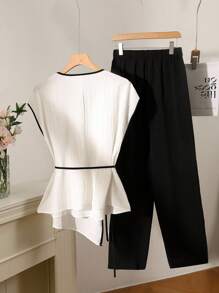 Lacomfia Plus Size Women's V-Neck Tie Strap Short Sleeve Shirt & Pants 2 Pieces Set - White - View 2