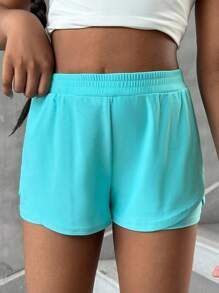 SHEIN Tween Girls Elastic Waist Loose Fit Knit Shorts, Casual Sports Style - Mint Green - View 3