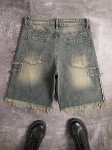 Manfinity ZONE917 Men's Loose Casual Bermuda Distressed Denim Shorts With Pockets Ripped Denim Shorts Men Ripped Denim Shorts - Light Wash - View 2