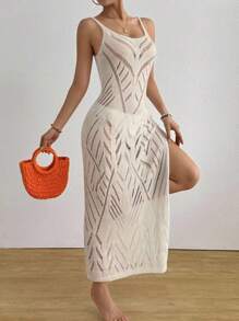 Swim Vcay 全新春假风格纯色欧美度假沙滩罩衫钩针镂空设计女式连衣裙，节日波西米亚风