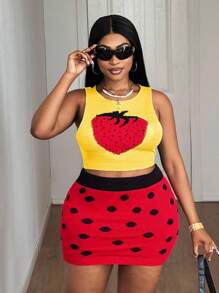 Maweii Bộ đồ dệt kim hai mảnh dáng ôm dáng cỡ lớn cho nữ, áo vest ngắn màu dâu tây + chân váy mini, màu trơn, xanh lá cây, bộ đồ len bó gợi cảm, trang phục dự tiệc mùa hè cho nữ - Nhiều màu - Xem 6