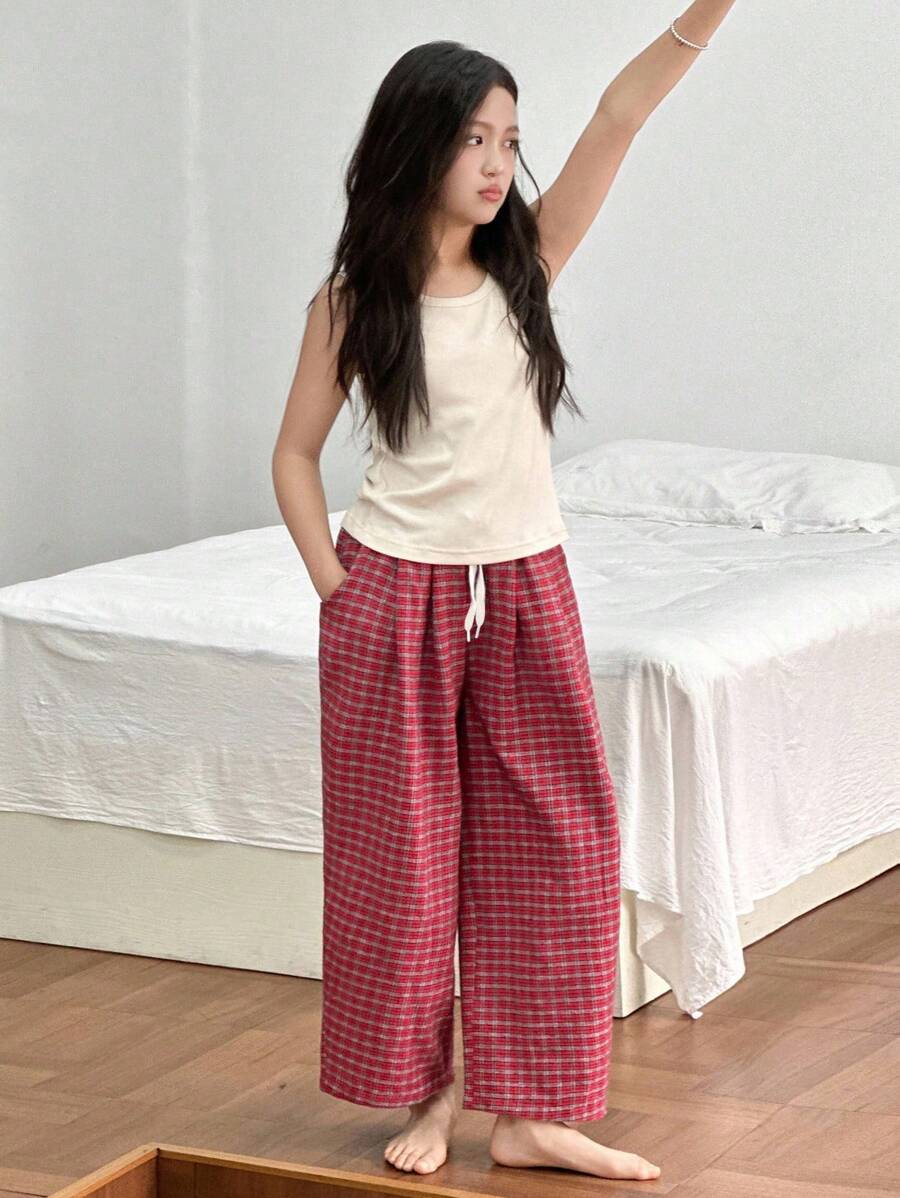 Dazy Kids 2 件套女童针织背心和梭织格子裤套装，秋季服装 - 米色 - 查看 1