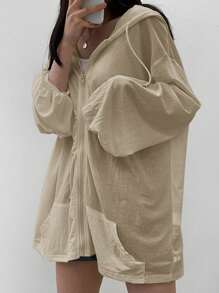 DAZY Women's Oversized Hooded Cardigan With Back Print, Lightweight Jacket, White, Spring/Summer/Autumn - Apricot - View 4