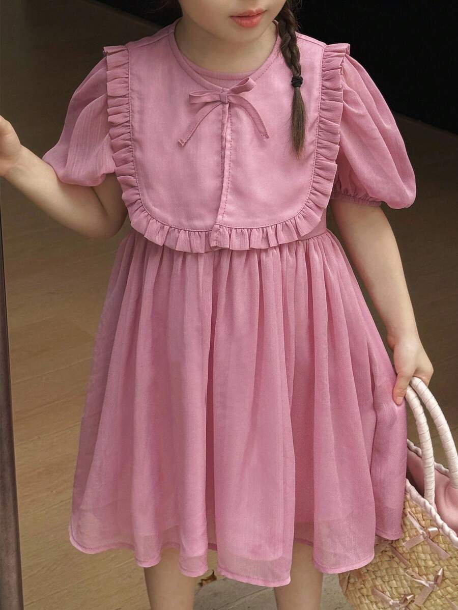 SHEIN 2pcs Set Young Girl Retro Floral Round Neck Loose Puff Sleeve Pink Dress,Ruffle Trim Shawl,Summer Princess 7th Birthday Holiday Party,Comfortable - Purple - View 1