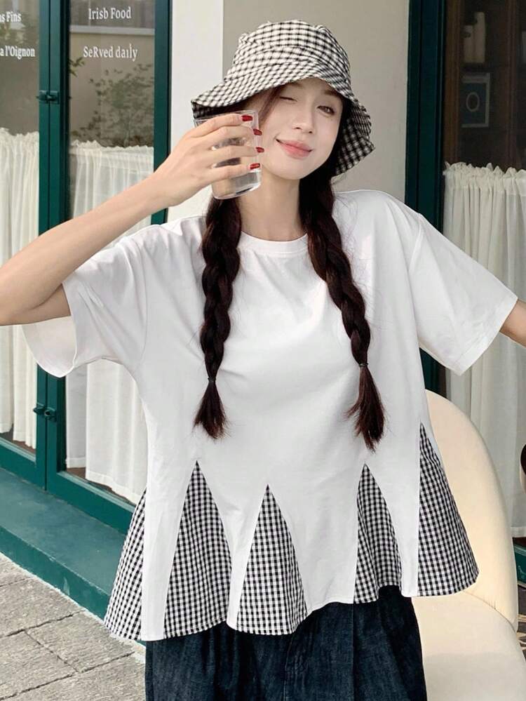 Women's Summer Round Neck Plaid Patchwork Fishtail Cropped Casual T-Shirt