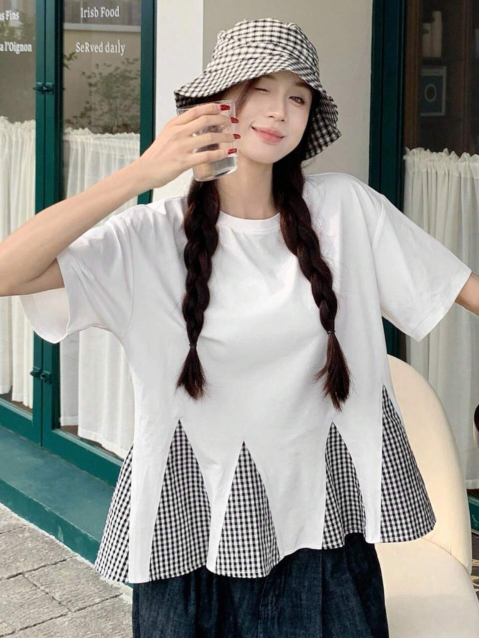Women's Summer Round Neck Plaid Patchwork Fishtail Cropped Casual T-Shirt