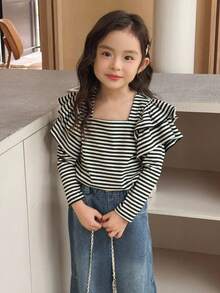 SHEIN 适合年轻女孩的基本款条纹T恤休闲针织上衣，适合返校、上学和居家穿着 - 黑色 - 查看 3