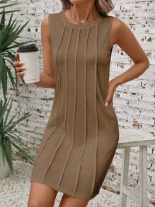 SHEIN LUNE 女士针织无袖圆领休闲连衣裙，春夏 - 卡其色 - 查看 5