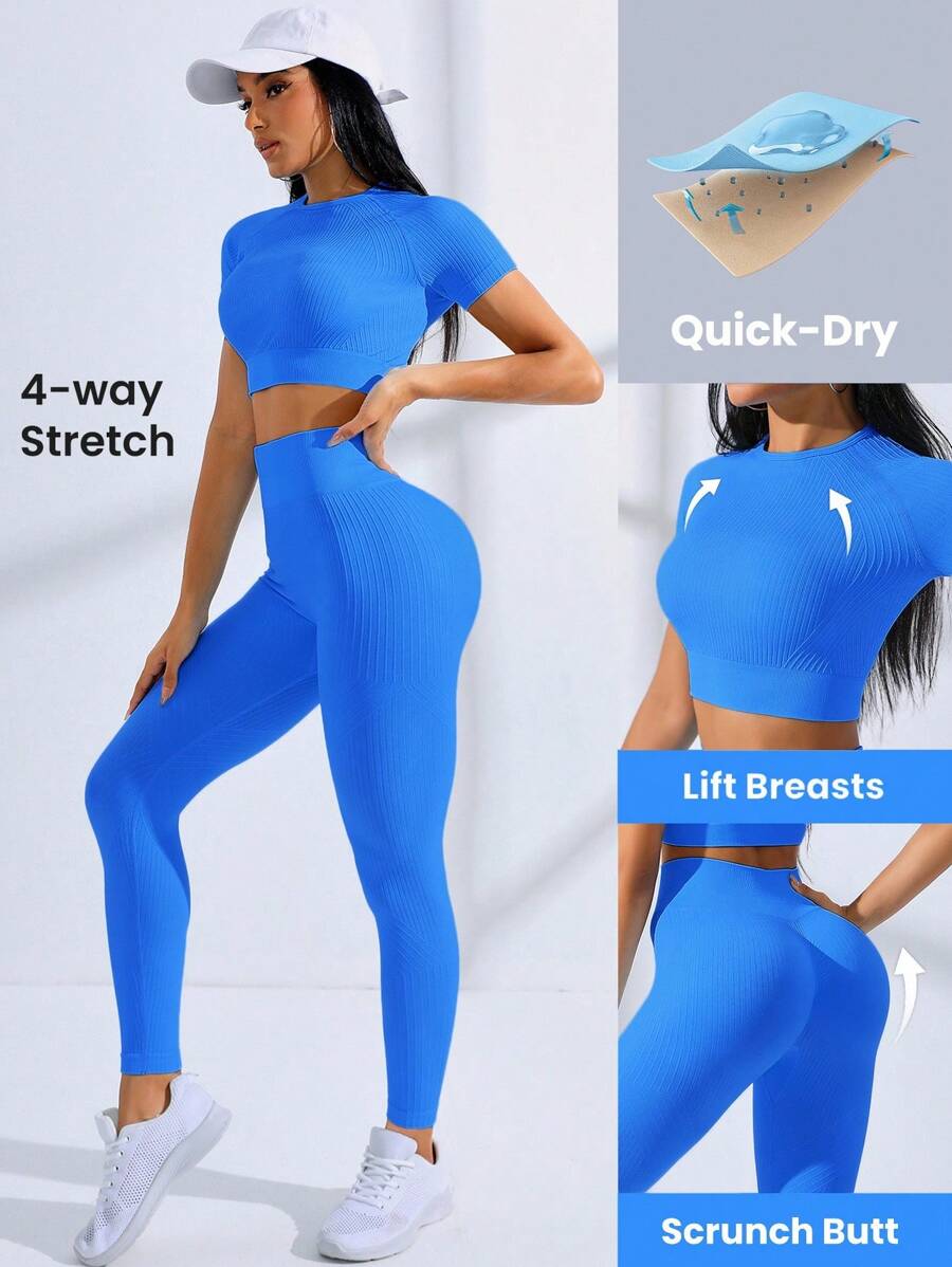 SHEIN Core Rhythm 1 Set Women Solid Color Cropped Top And Leggings Seamless Activewear Sports Suit Ribbed Workout Set Royal Blue Workout Set Matching Workout Set Quick Dry Workout Set Seamless Workout Set - Blue - View 1