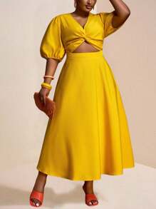 Veslaya Spring & Summer New Plus Size Women Long Maxi Dress, Solid Yellow Deep V-Neck Twist Waist Ruched Flare Sleeve Flared Hem Casual Beach & Party Dress - Yellow - View 3