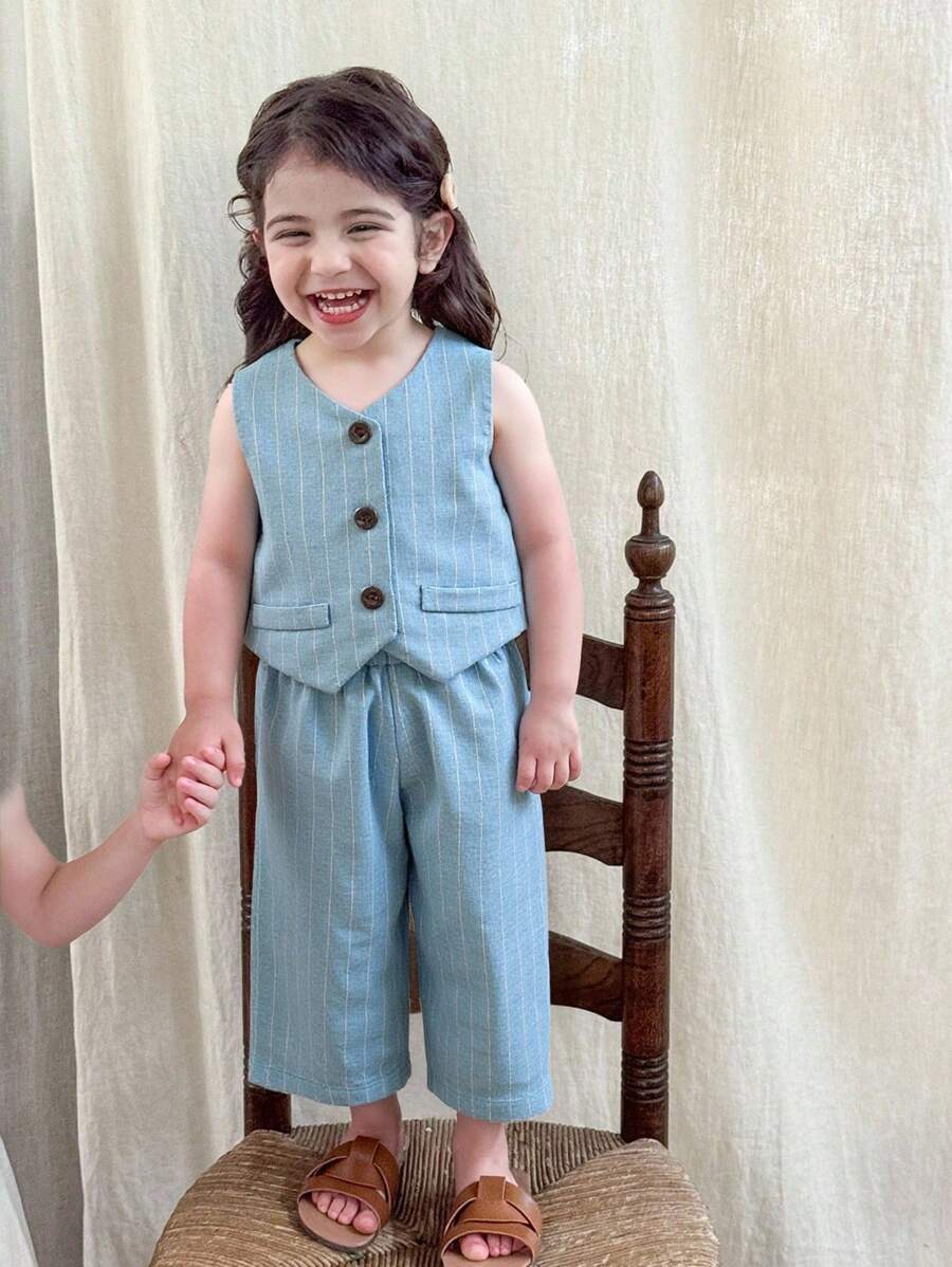 LMoss Kids LMoss Baby Girl Woven Solid Color Top And Loose Casual Long Pants Set - Blue - View 1
