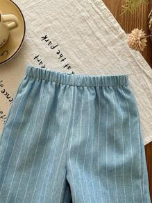 LMoss Kids LMoss Baby Girl Woven Solid Color Top And Loose Casual Long Pants Set - Blue - View 6