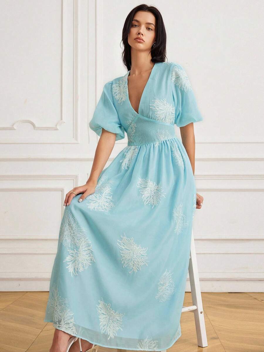 Chiquease Nuevo vestido elegante de manga corta con escote en V y bordado sobre fondo albaricoque para primavera/verano - Azul - Ver 1