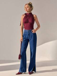 CLARA VERO 低腰侧开衩优雅直筒牛仔裤 - 中等水洗藍 - 查看 3