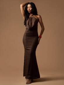 MISSGUIDED Elegant Knitted Maxi Dress Halter Neck Ruched Bodycon Evening Gown Formal Special Occasion Floor Length Ribbed Texture Form Fitting Holiday Party Dress - Brown - View 1