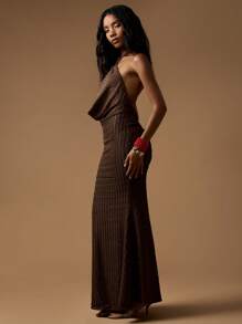 MISSGUIDED Elegant Knitted Maxi Dress Halter Neck Ruched Bodycon Evening Gown Formal Special Occasion Floor Length Ribbed Texture Form Fitting Holiday Party Dress - Brown - View 5