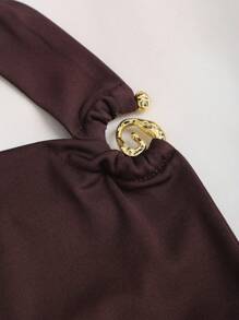 Sweetra Petite Petite Brown Sleeveless Metal Buckle Halter Knitted Jumpsuit, Comfortable & Slimming Design, Spring/Summer - Brown - View 4