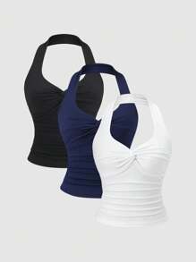 Sweetra Y2K 性感扭领褶雪纺吊带背心，百搭简约 - 彩色 - 查看 1