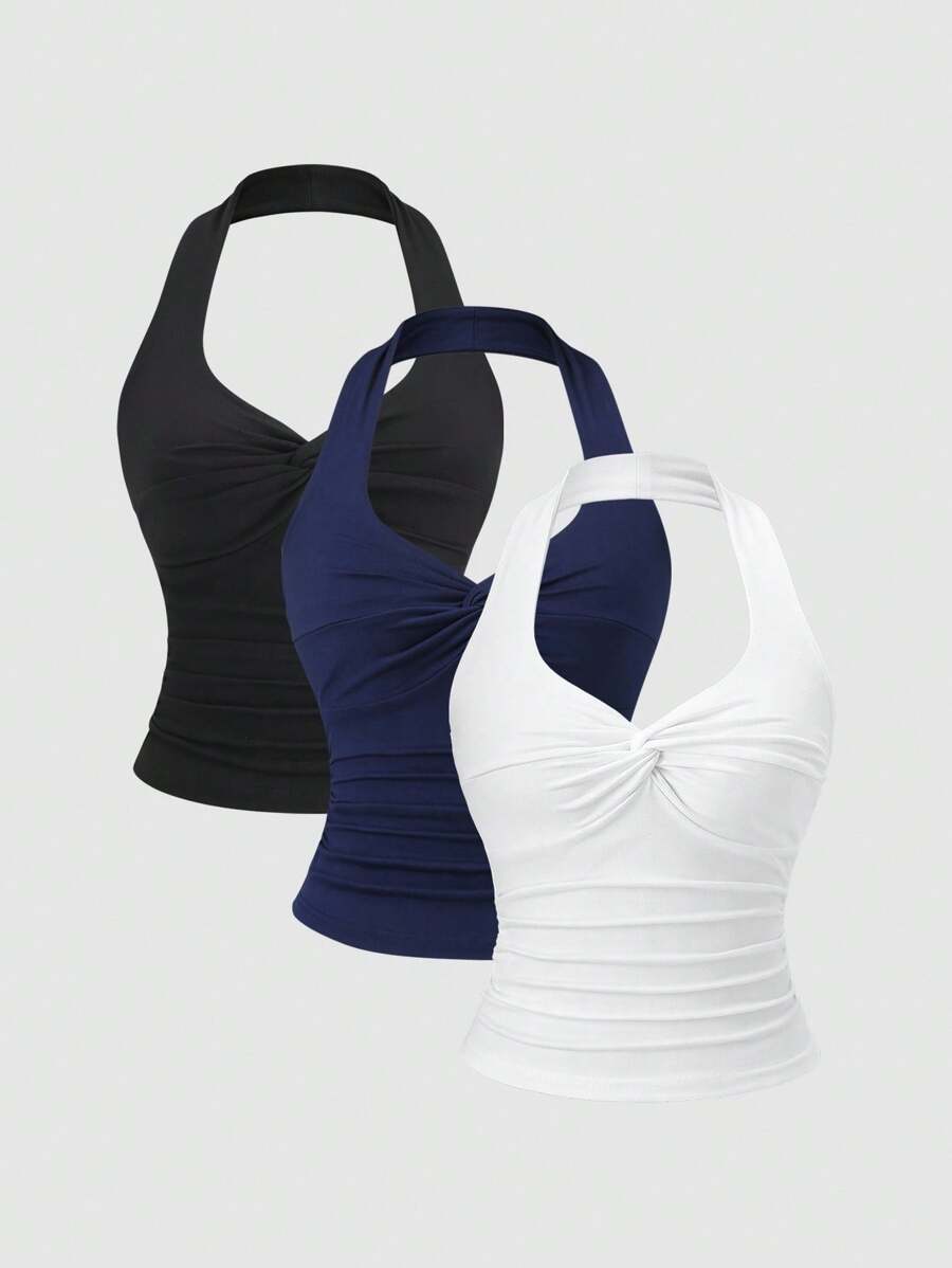 Sweetra Y2K 性感扭领褶雪纺吊带背心，百搭简约 - 彩色 - 查看 1