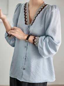 Dazy-Less Blusa holgada de negocios casuales con cuello en V de satén y gasa, con recortes y cintas, de manga larga, adecuada para primavera, verano y otoño - Azul - Ver 13