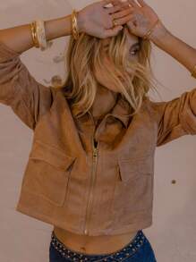 Aralina Winter Suedette Cropped Zip Through Jacket Country Concert - Khaki - View 3