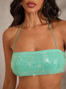 Hauture Áo yếm hở vai sequin đơn giản cho kỳ nghỉ hè gợi cảm - màu xanh lá - Xem 5