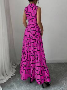 Elenzga New V-Neck Graphic Print Button Down Sleeveless Tie Waist Slim Fit Dress For Women