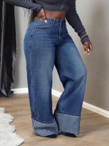 Slaydiva Plus Size Casual Washed High Waist Wide Leg Jeans,Fall Clothes For Women - Blue - View 2