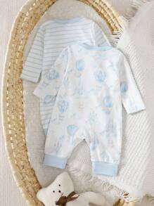 SHEIN 两件套卡通印花长袖连体衣，适合新生儿和男孩，面料舒适简约，适合居家送礼 - 彩色 - 查看 4