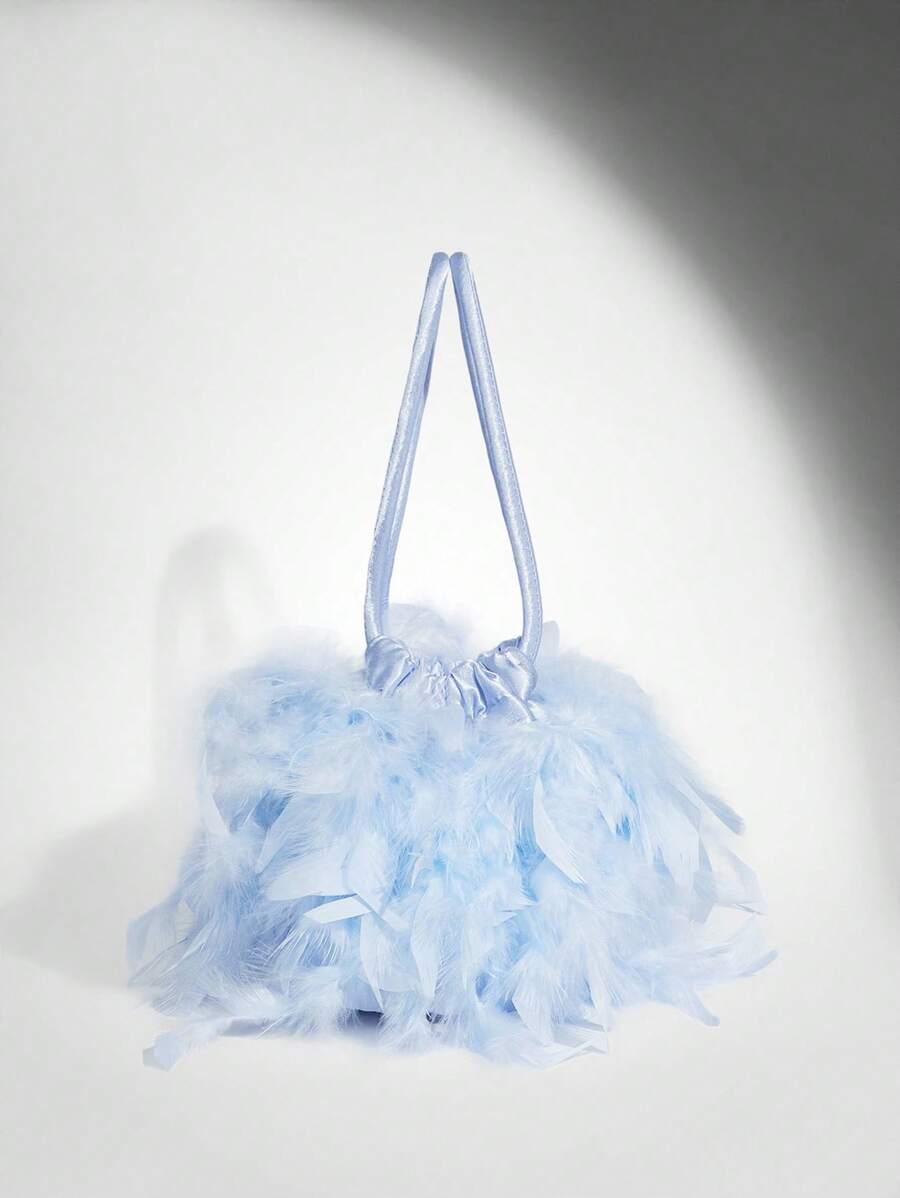 SHEIN BAE 女士仿羽毛装饰手拿包，黑色，奢华派对和俱乐部手提包 - 淺藍色 - 查看 1
