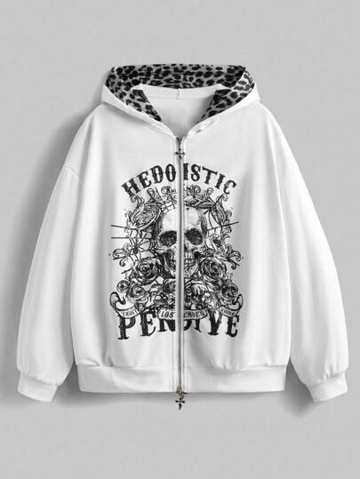 Goth Plus Size Halloween Punk Skull Print 2 In 1 Leopard Splicing Women Sweatshirt