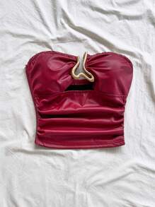 Soleia 女士露背镂空金属扣装饰修身短款上衣，适合派对、约会、下午茶、波西米亚风、浪漫花卉、度假