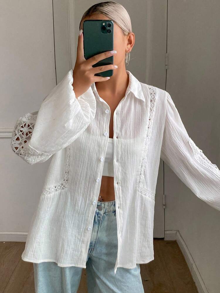 Women's Lace Patchwork Lapel Loose Button-Up City Casual Shirt Long Sleeve Top Vacation