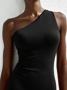 Maija 2025秋季现代都市不对称露背开衩黑色中长连衣裙，适合春夏复古音乐节派对，都市通勤，优雅复古风格，女士办公室穿着 - 黑色 - 查看 5