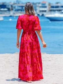 Sylviya 高开叉公主袖红色花卉印花束腰 A 字连衣裙，适合春夏季女士正式派对礼服女士度假礼服女士长裙德比裙红色连衣裙优雅，女士夏季连衣裙 - 紅色 - 查看 7