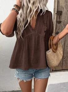 SHEIN Tall Blusa de mujer con escote en V profundo, mangas abullonadas y detalle de abertura - Marrón - Ver 4