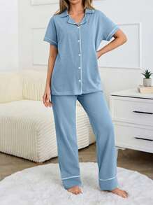 EURMUSE 女士绑带细节短袖长裤家居睡衣套装 - 淺藍色 - 查看 5