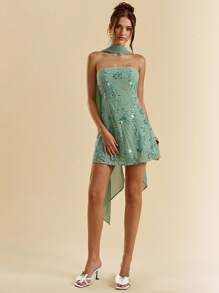 SHEIN BAE 女士串珠刺绣露肩 A 字迷你连衣裙，夏季 - 綠色 - 查看 4