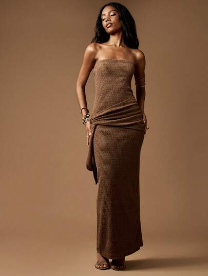 MISSGUIDED Ribbed Knit Strapless Maxi Dress Long Form Fitting Evening Gown Ruched Side Detail Winter Fall Party Wedding Guest Formal Floor Length