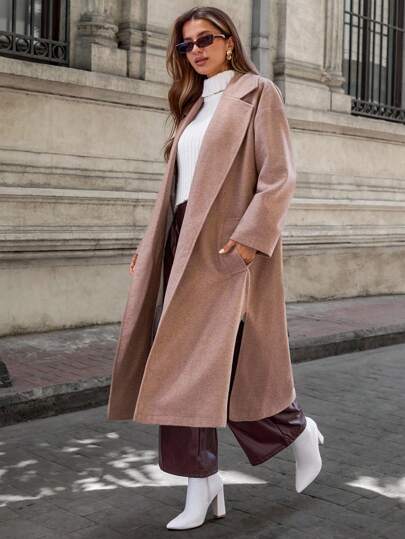 EURMUSE Women's Solid Color Irregular Shoulder Drop Patch Pocket Casual Wool Blend Coat