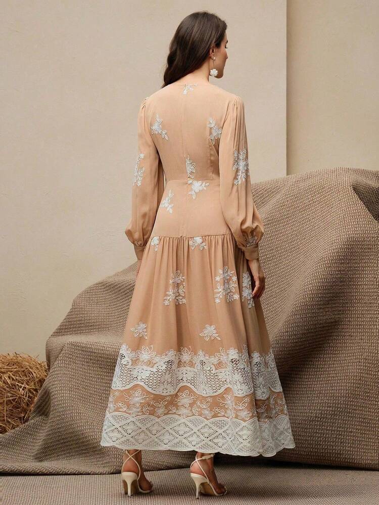 One-Piece Dress, Women, Solid Color, Milky Silk, Heavy Embroidery