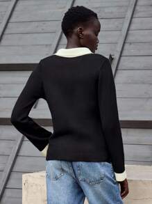 Lumivelle 女士黑米色撞色 Polo 领纽扣前开襟休闲针织开衫，适合大学穿着 - 彩色 - 查看 2