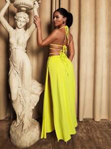 Sirith Váy hở lưng hở lưng dây mảnh gợi cảm thời trang mới, váy dạ hội cao cấp - Màu vàng - Xem 2