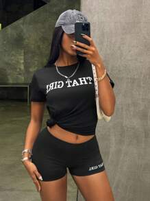 SHEIN Women's Summer Casual 2pcs/Set Letter Print Round Neck Short Sleeve T-Shirt And Shorts