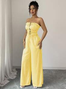 Elenzga Bộ đồ liền thân sọc bandeau thường ngày cho nữ, mùa hè - Màu vàng - Xem 3