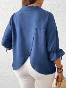 EMERY ROSE Blusa casual regular de mujer de talla grande con cuello en V y detalle de lazo, con apariencia de lino, apta para primavera, otoño e invierno - Azul - Ver 7
