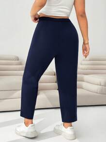 Solflare Plus Size Women Navy Blue Knitted 3/4 Slim Pants Fall - Navy Blue - View 2
