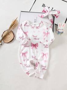 SHEIN Newborn Baby Girl Long Sleeve Romper, Sweet Heat Bow Pattern, Long Sleeve Bodysuit With Headband, Soft And Comfortable Clothing As Gift, Essential For Every Baby, All Season Style, Infant Photography Dress, 100-Day Gift, Cute And Soft Casual Outfit, Newborn 0-9 Months, Suitable For Outdoor And Daily Wear Baby Girl Jumpsuit Newborn Baby Girl Jumpsuit Fall Winter